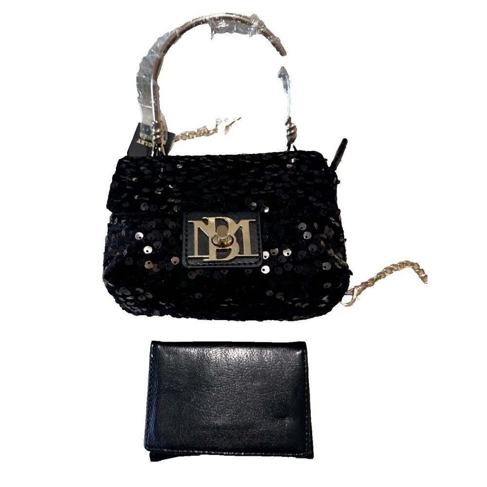 Badgley Mischka Black Sequin Metal Handle Bag 5x6x3 BONUS CC wallet